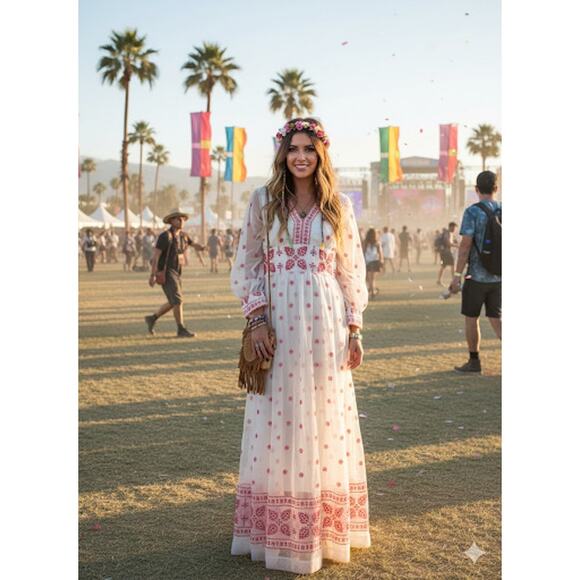 Vintage Avalon Classics Maxi Dress Womens 8 Boho Maxi White Red 70’s Bohemian - Picture 1 of 5